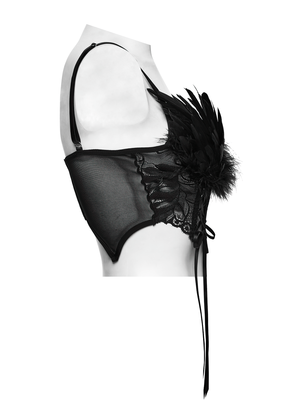 Black Gothic Feather Lace Crop Top with Angel Wings