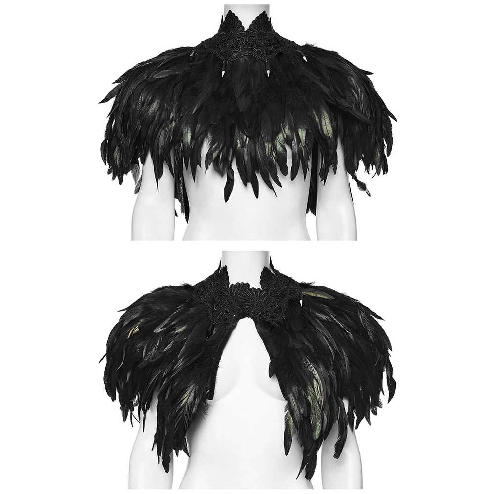 Black Gothic Feather Lace Shawl with Reversible Design worn on a mannequin showcasing its unique feather detailing.