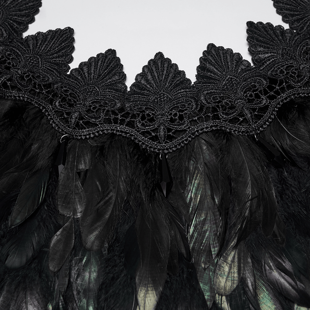 Black Gothic Feather Lace Shawl with Reversible Design featuring intricate lace and feathers for a dramatic look.