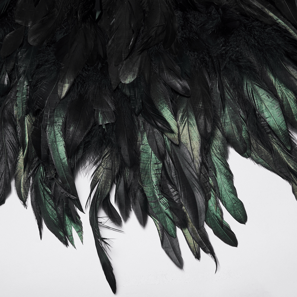 Black Gothic Feather Lace Shawl with Reversible Design featuring intricate black and green feathers