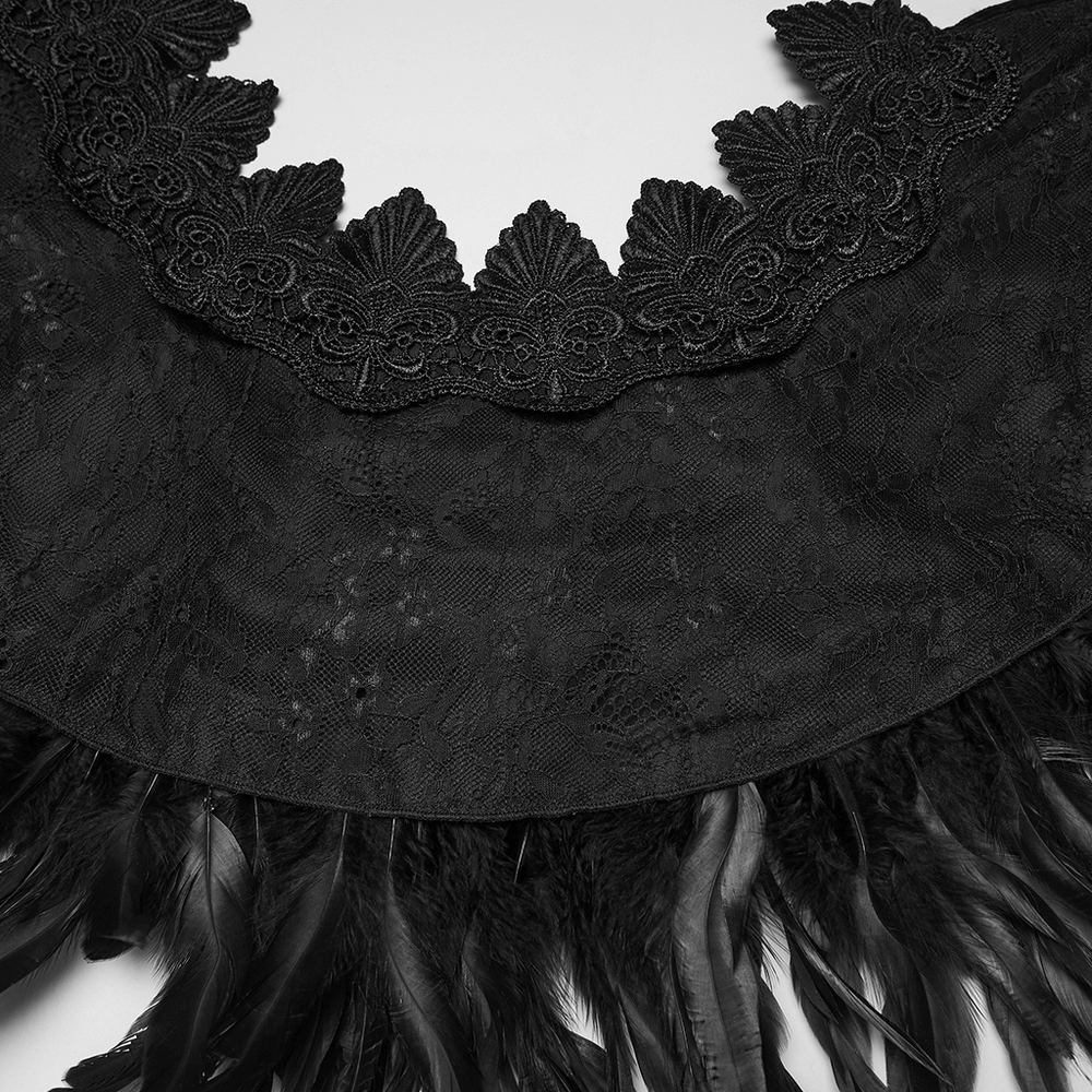 Black Gothic Feather Lace Shawl with Reversible Design showcasing intricate lace and feather details.