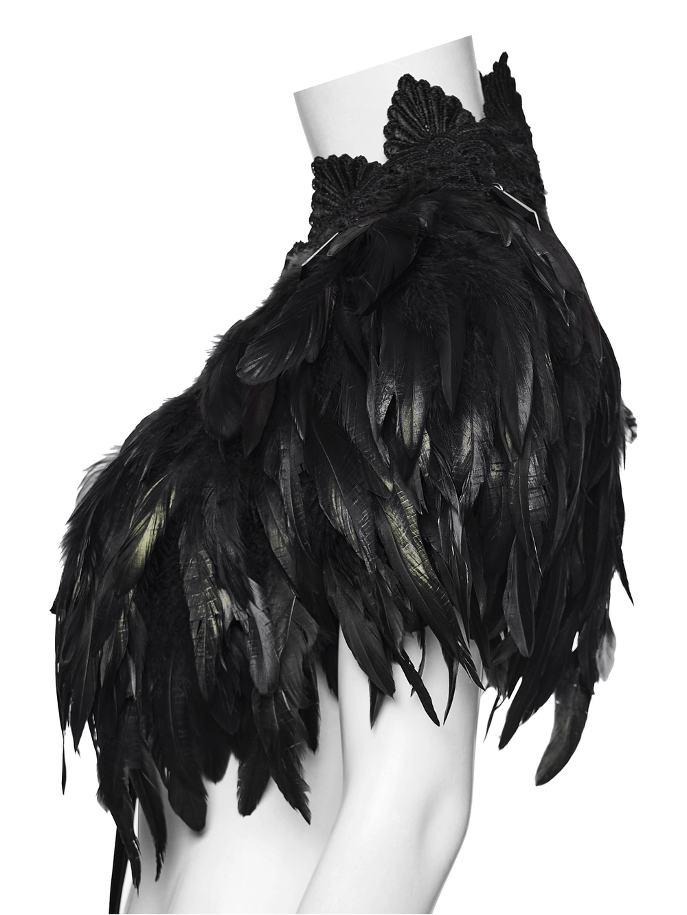 Black Gothic Feather Lace Shawl with Reversible Design showcased elegantly on a mannequin side view.
