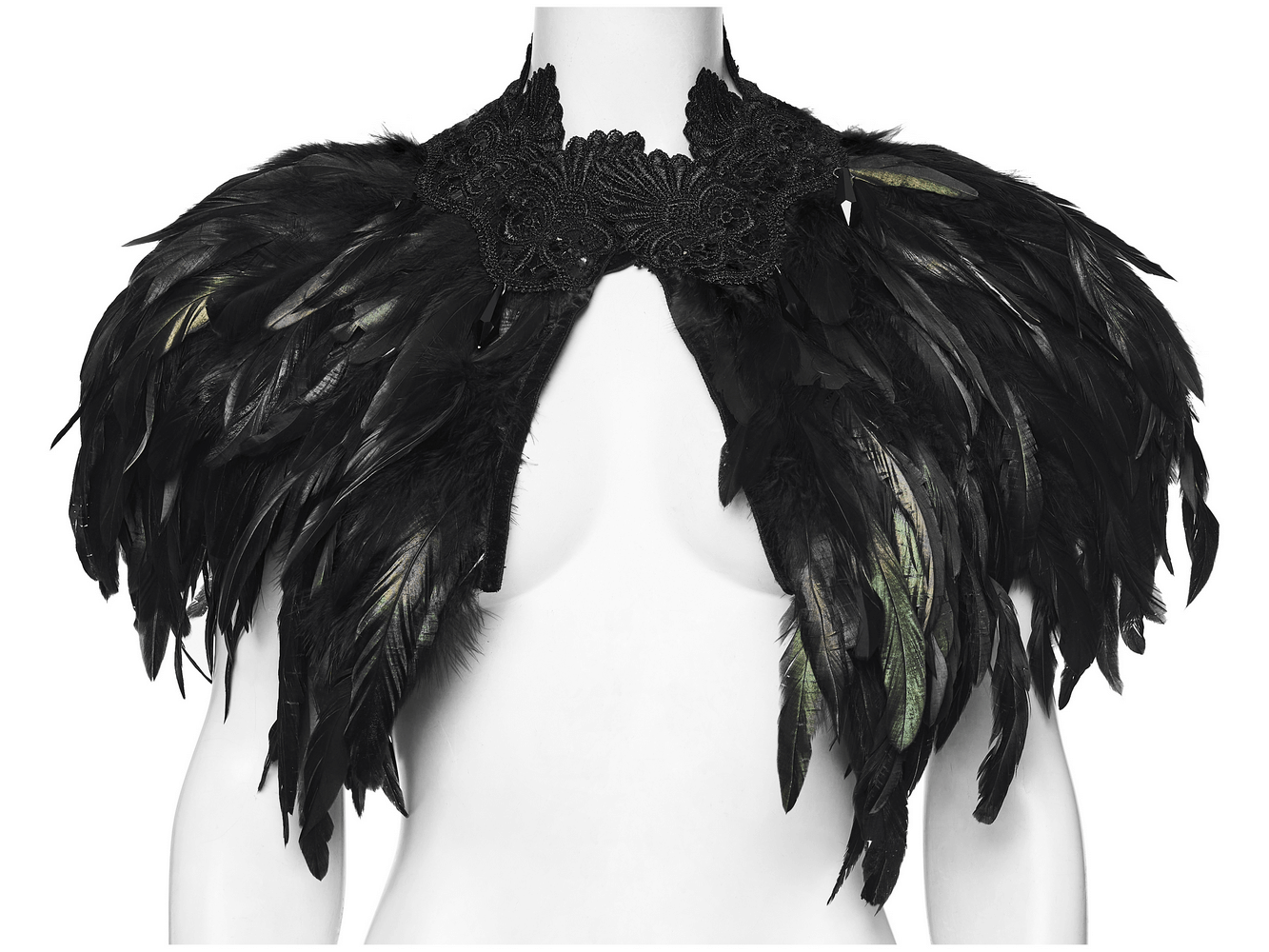 Black Gothic Feather Lace Shawl with Reversible Design elegantly showcased on a mannequin, featuring intricate feather details.