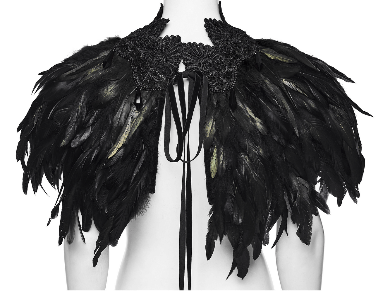 Black Gothic Feather Lace Shawl with Reversible Design displayed on a mannequin showcasing its intricate feather details.