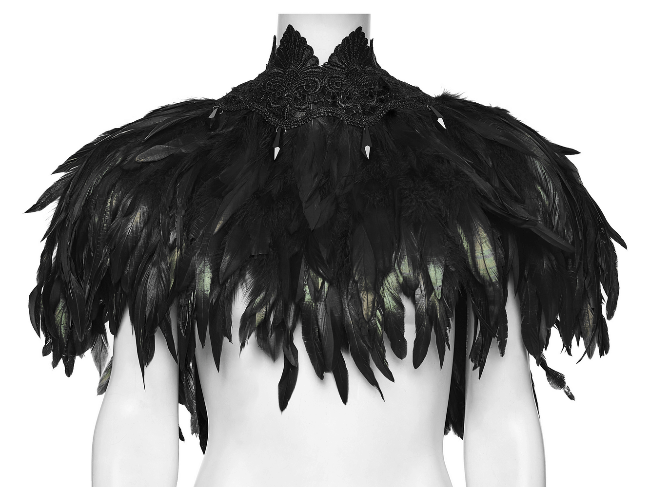 Black Gothic Feather Lace Shawl with Reversible Design showcasing intricate feather details and lace neckline.
