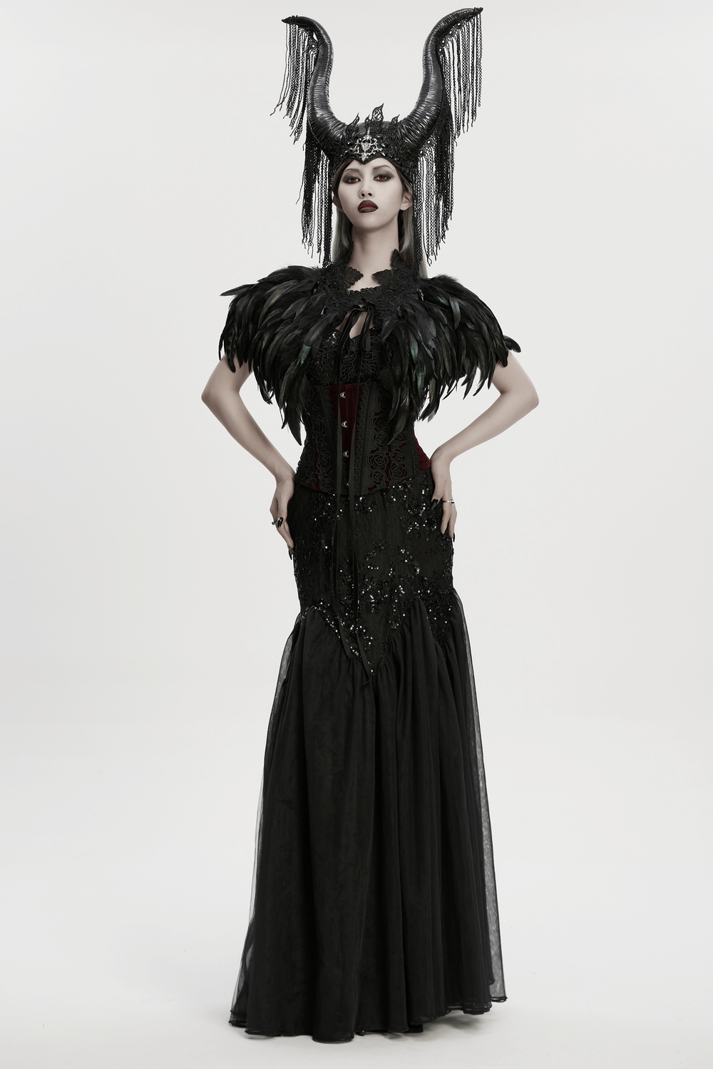 Black Gothic Feather Lace Shawl with Reversible Design worn by model in a dramatic black gown.