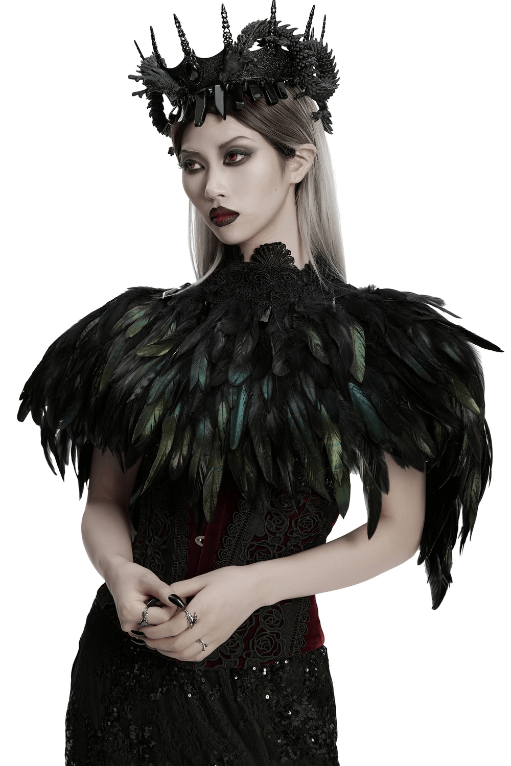 Black Gothic Feather Lace Shawl with Reversible Design worn by a model exuding gothic elegance.