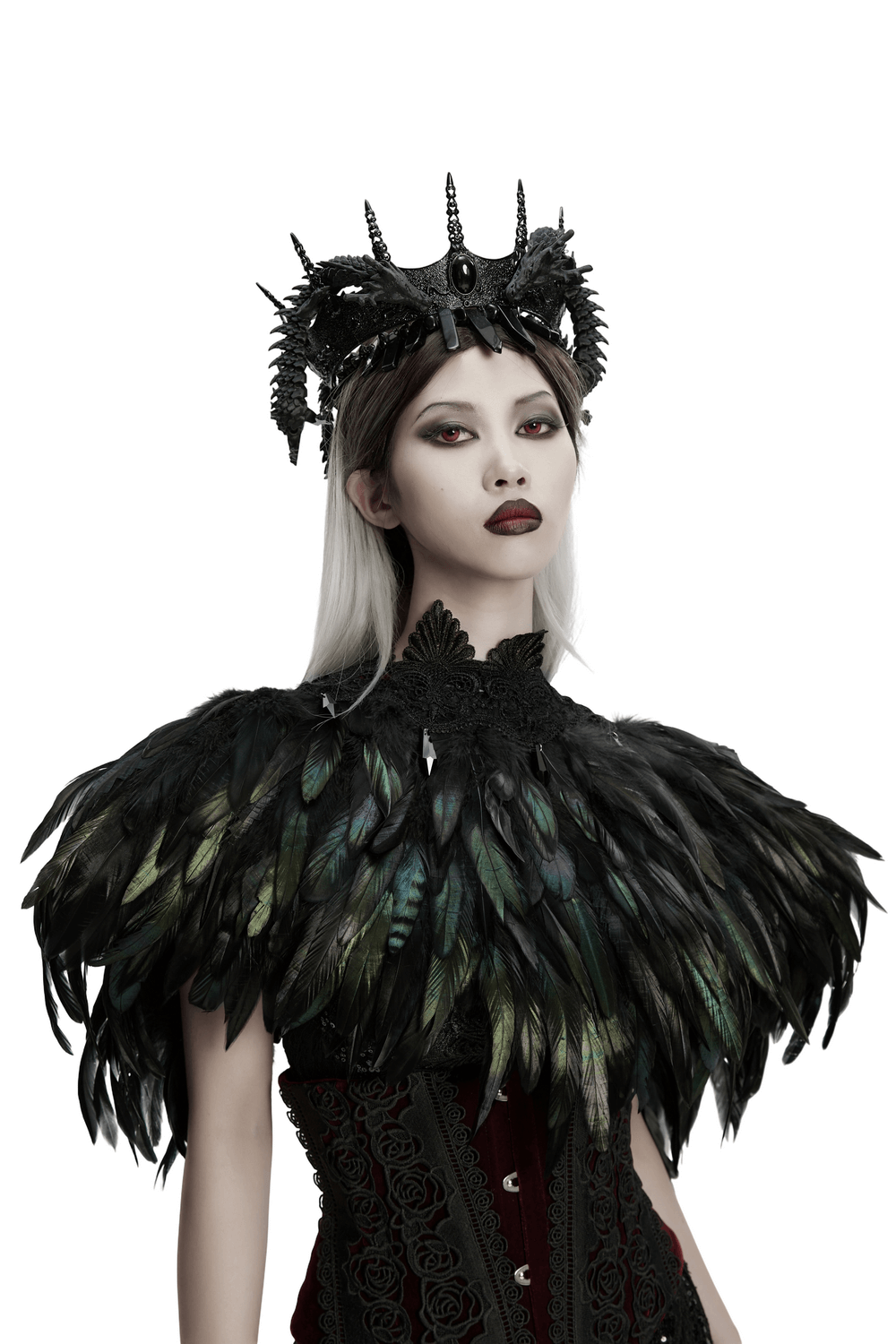 Black Gothic Feather Lace Shawl with Reversible Design worn by model showcasing gothic fashion style.
