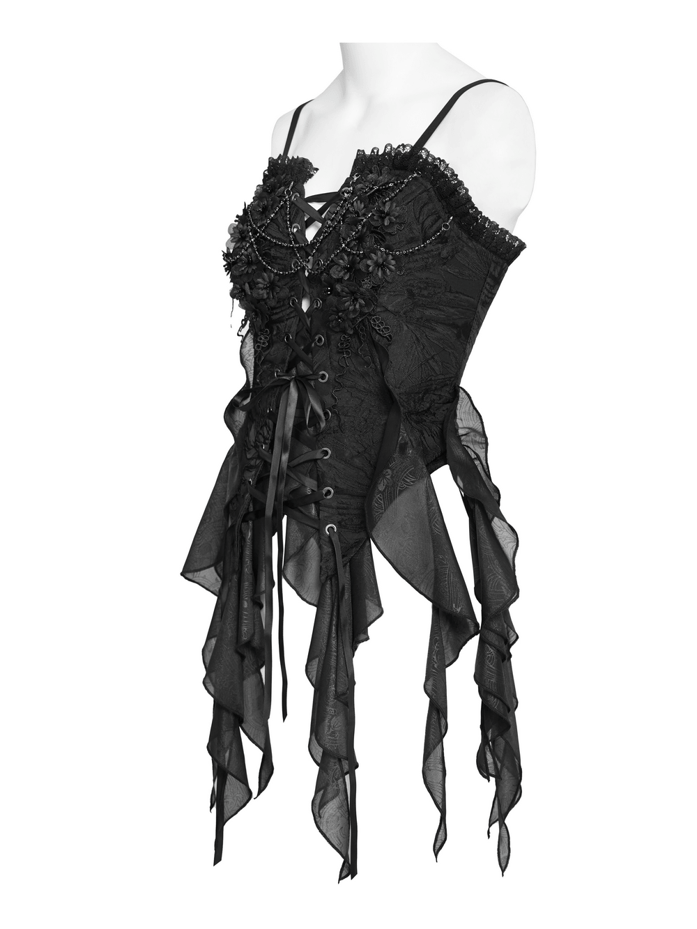 Alt Tag: Black Gothic Floral Lace-Up Corset Bustier Top with floral applique, bead drape straps, sheer ruffle handkerchief hem