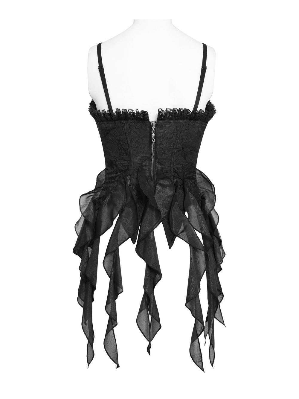 Alt Tag: Black Gothic Floral Lace-Up Corset Bustier Top back view with sheer ruffle handkerchief hem, adjustable straps, and back zipper
