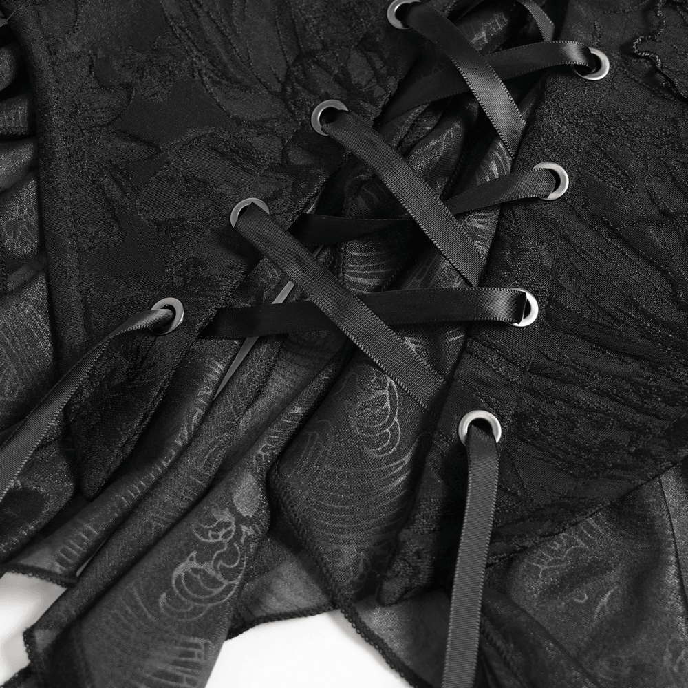 Alt Tag: Black Gothic Floral Lace-Up Corset Bustier Top close-up with black floral lace, satin crisscross lacing, and metal grommets