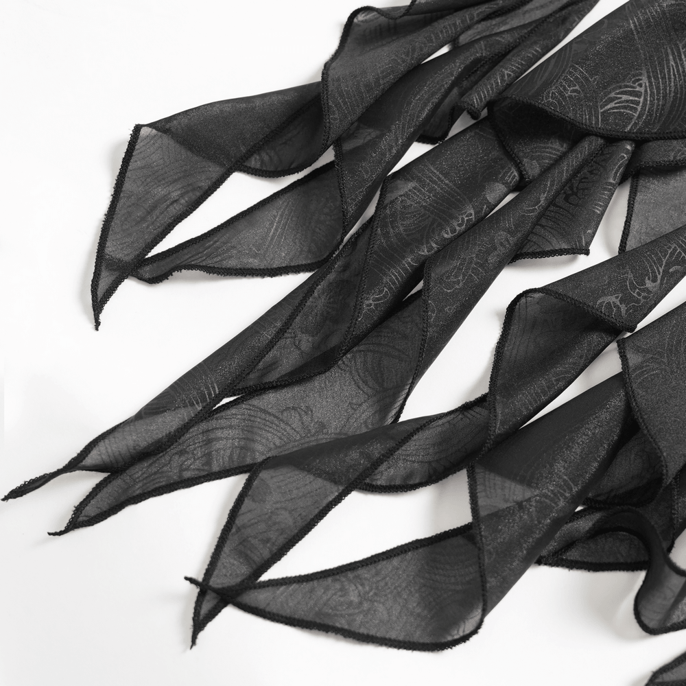 Alt Tag: Black Gothic Floral Lace-Up Corset Bustier Top close-up of sheer black ruffle handkerchief hem with floral texture