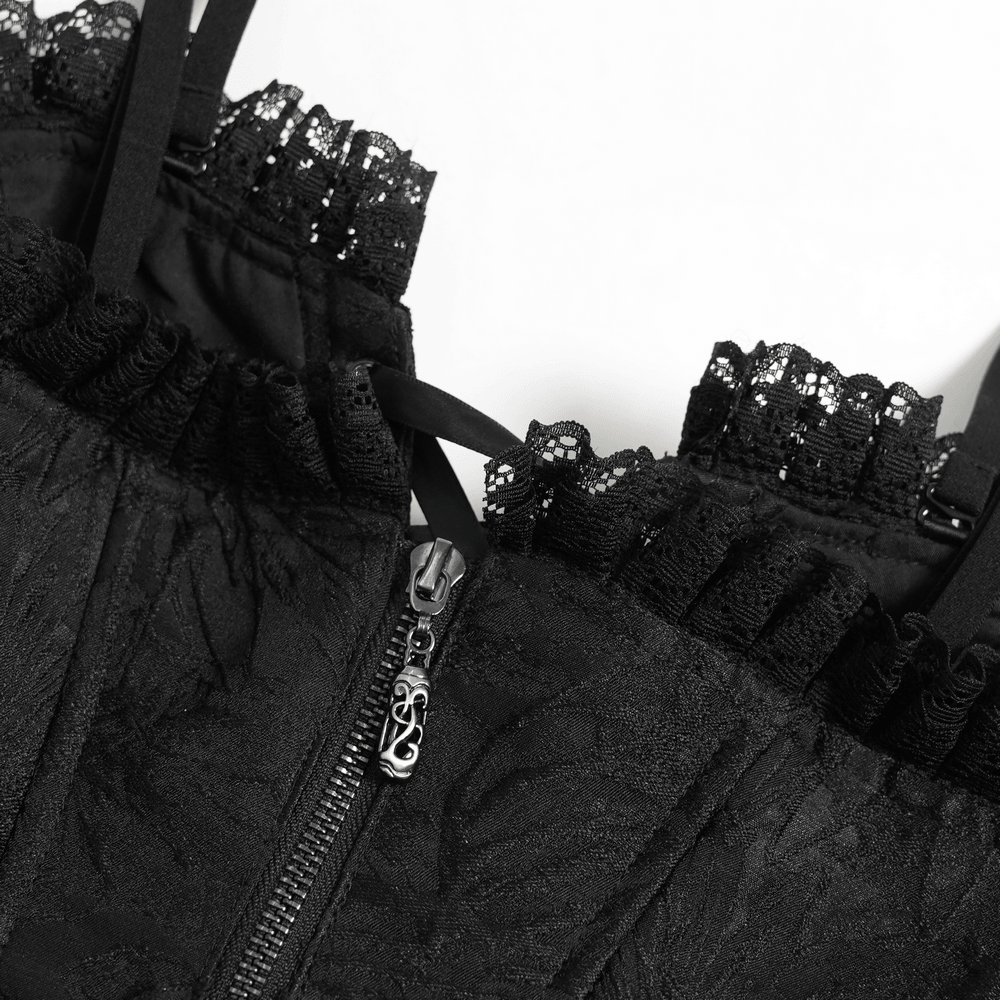Alt Tag: Black Gothic Floral Lace-Up Corset Bustier Top close-up with black lace trim, ruffled neckline, and back zipper detail