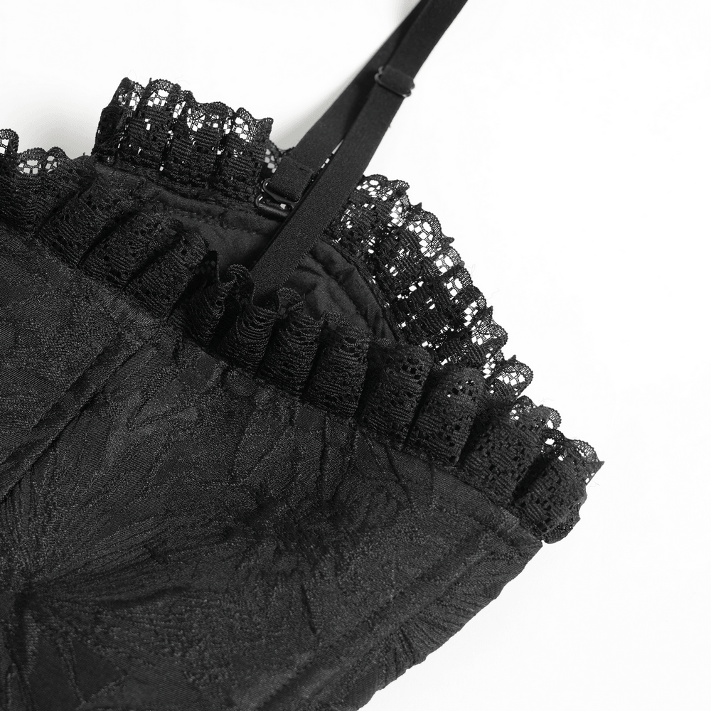 Alt Tag: Black Gothic Floral Lace-Up Corset Bustier Top close-up of black lace ruffle trim and adjustable strap—dark romantic corset cami detail