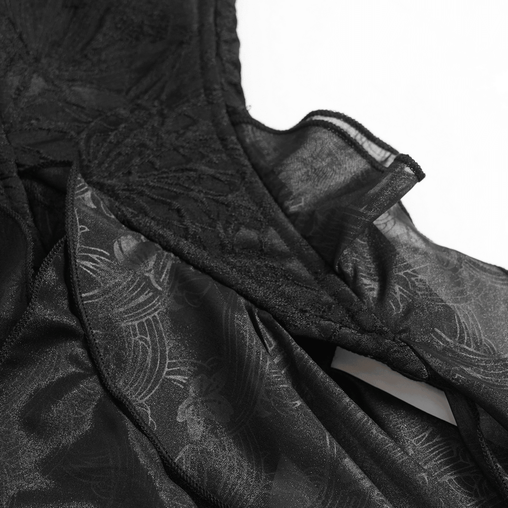Black Gothic Floral Lace-Up Corset Bustier Top close-up of sheer black ruffle fabric and gothic floral applique details