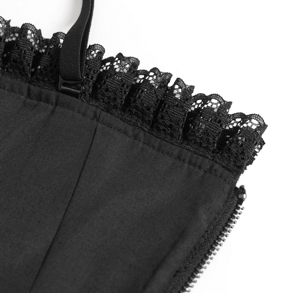 Alt Tag: Black Gothic Floral Lace-Up Corset Bustier Top close-up with black lace trim, adjustable strap, and back zipper detail