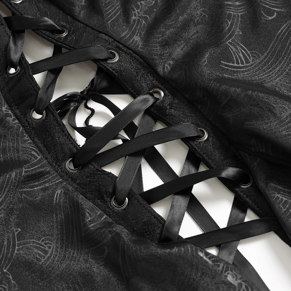 Alt Tag: Black Gothic Floral Lace-Up Corset Bustier Top close-up of satin ribbon lace-up with grommets on dark floral fabric