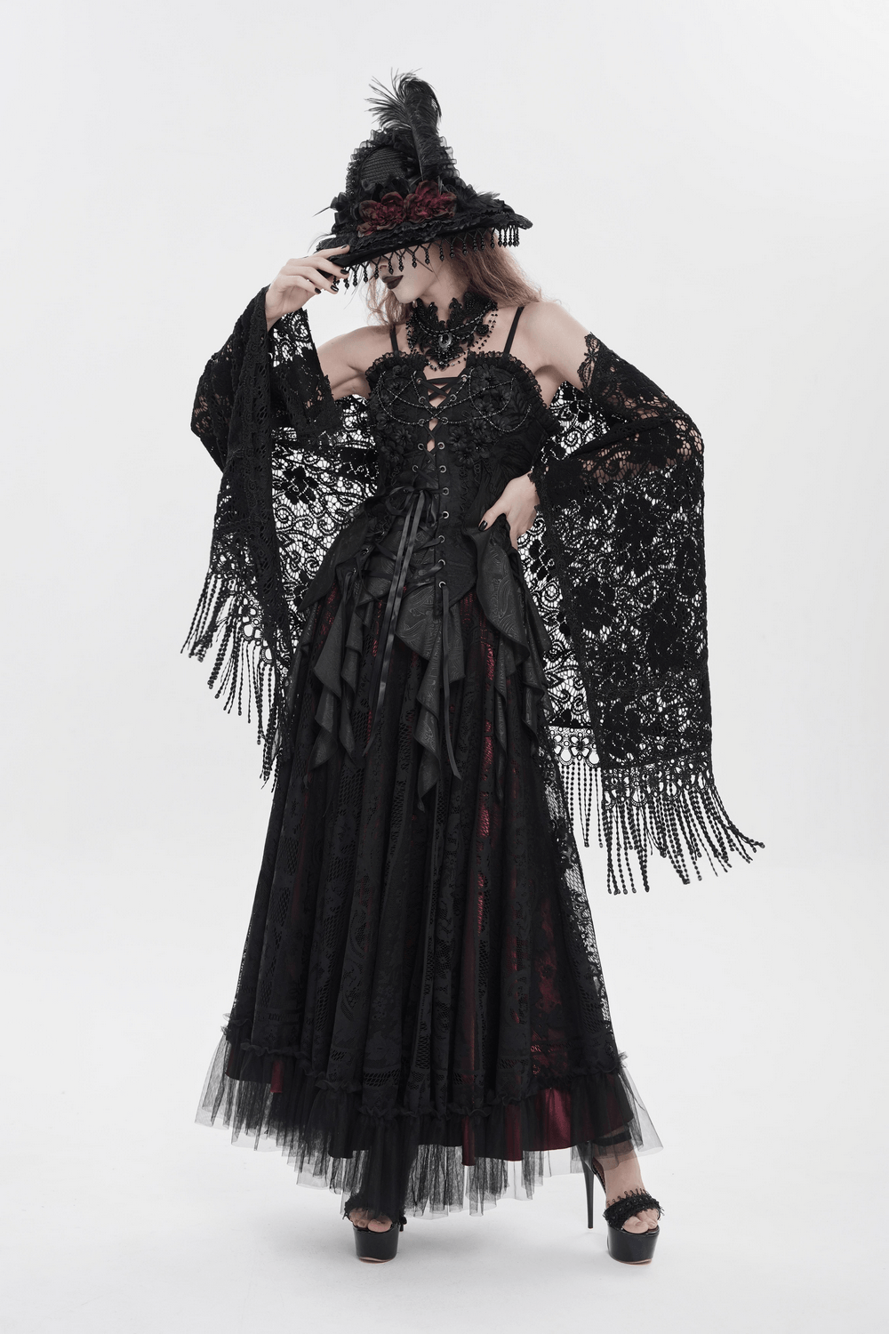 Alt Tag: Black Gothic Floral Lace-Up Corset Bustier Top with floral lace-up bodice, sheer lace sleeves, handkerchief hem and bead accents