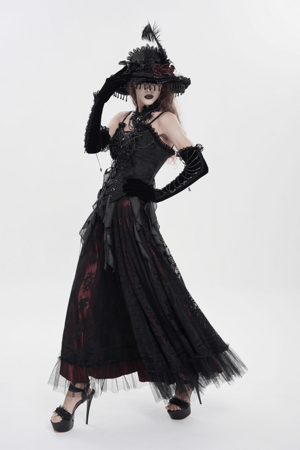 Alt Tag: Black Gothic Floral Lace-Up Corset Bustier Top styled in dark romantic gothic look with lace-up bodice and dramatic black skirt