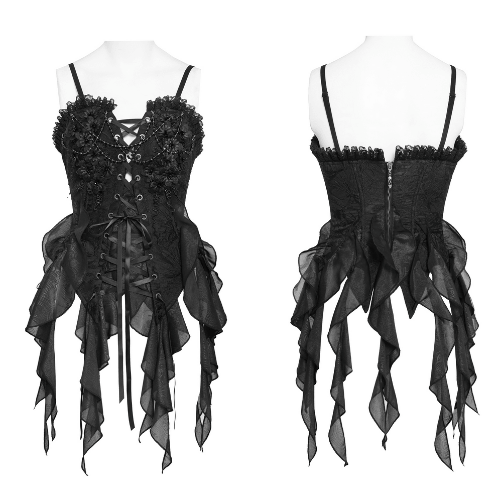 Alt Tag: Black Gothic Floral Lace-Up Corset Bustier Top front and back view, floral lace appliques, bead neckline, sheer ruffle handkerchief hem