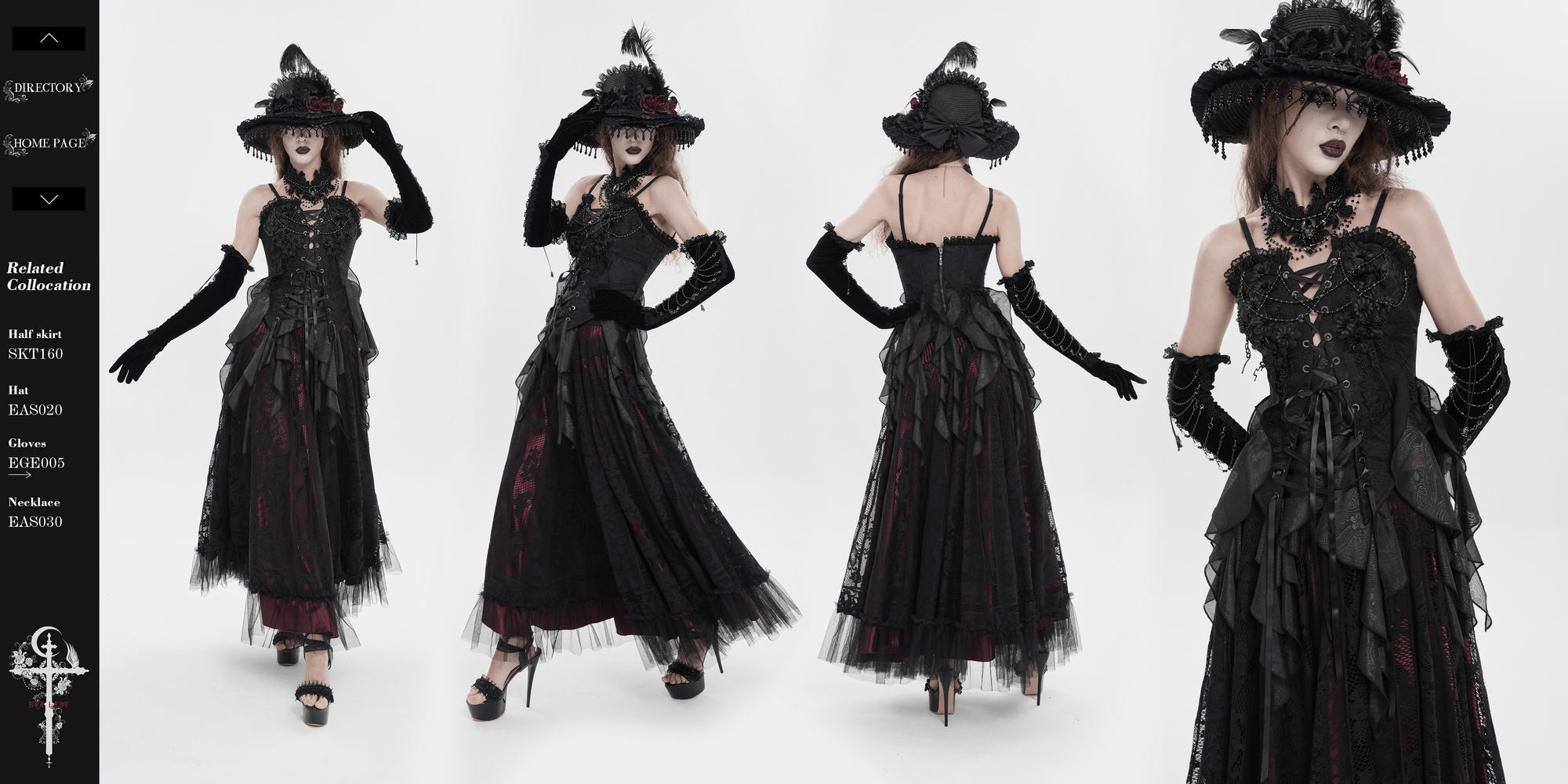 Alt Tag: Black Gothic Floral Lace-Up Corset Bustier Top styled with lace-up corset bodice, floral applique, sheer ruffles, and handkerchief hem