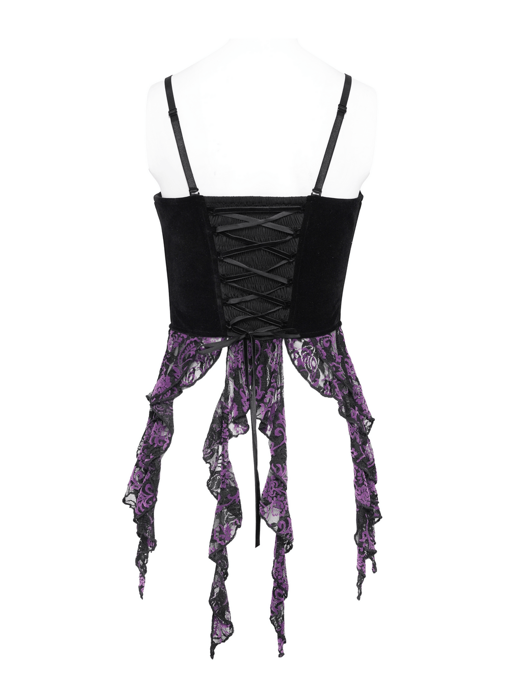 Alt Tag: Black Gothic Fringe Corset Bustier with Purple Lace back view, lace-up corset with purple lace draped tails and slim straps