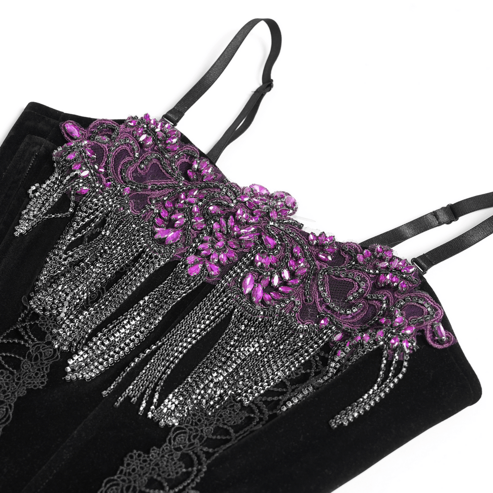 Alt Tag: Black Gothic Fringe Corset Bustier with Purple Lace featuring purple applique, chain fringe trim, sheer lace panels and slim straps