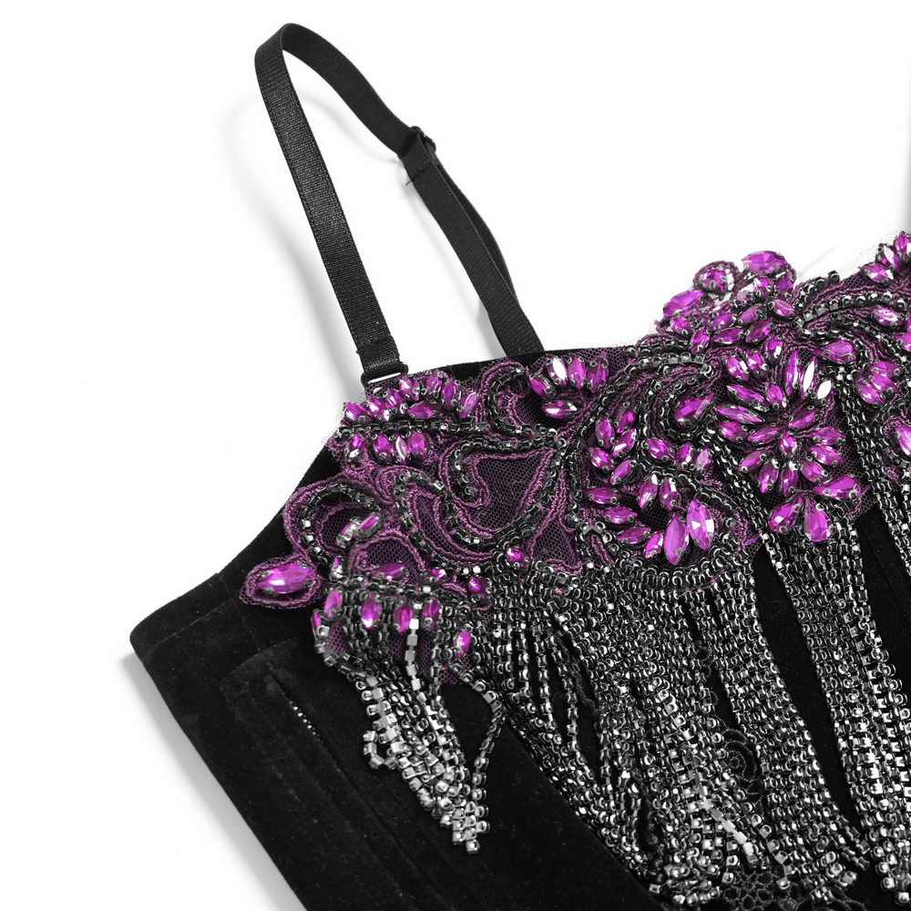 Alt Tag: Black Gothic Fringe Corset Bustier with Purple Lace close-up, purple beaded lace appliqué and cascading chain fringe detail
