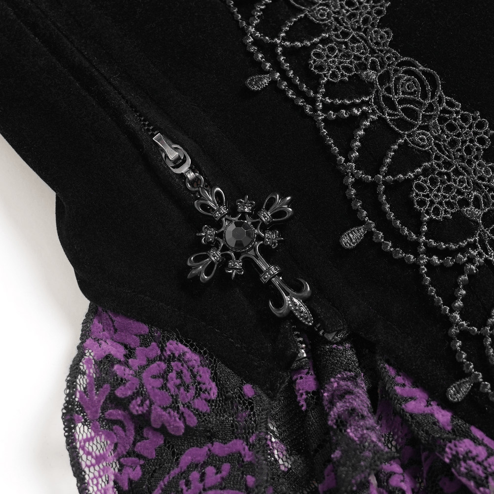 Black Gothic Fringe Corset Bustier with Purple Lace close-up: black corset, purple lace trim, ornate cross charm and gothic embroidery