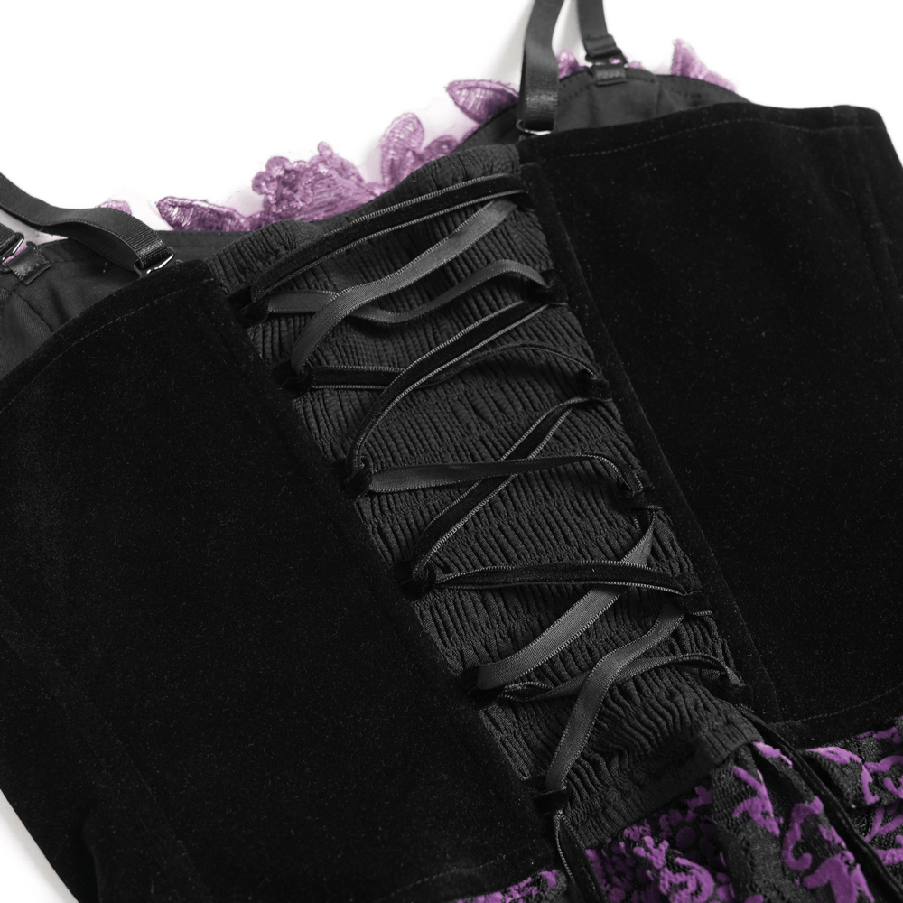 Alt Tag: Black Gothic Fringe Corset Bustier with Purple Lace close-up of back lacing and purple lace trim, dark romantic corset top