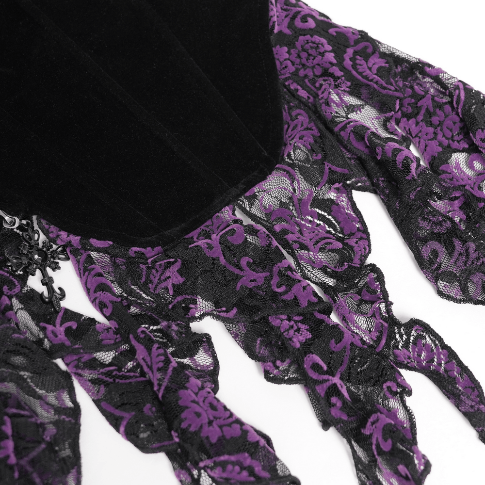 Black Gothic Fringe Corset Bustier with Purple Lace close-up, black corset with purple lace panels and dramatic fringe trim