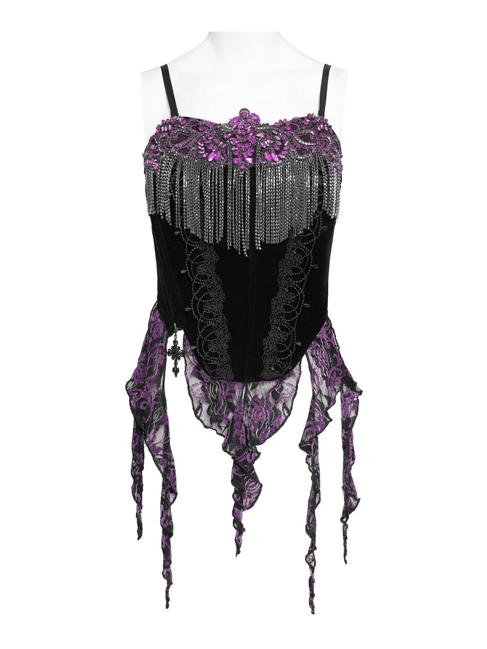 Alt Tag: Black Gothic Fringe Corset Bustier with Purple Lace featuring chain fringe, sheer lace panels, and dramatic draped tails