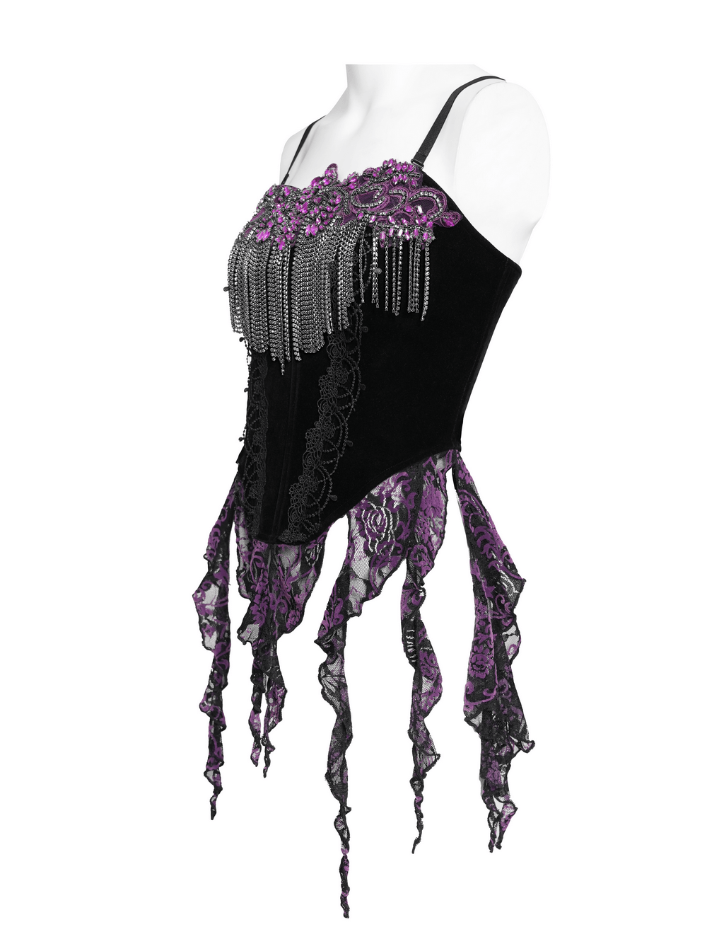 Alt Tag: Black Gothic Fringe Corset Bustier with Purple Lace, chain fringe trim, sheer lace panels, adjustable back lacing, festival burlesque top