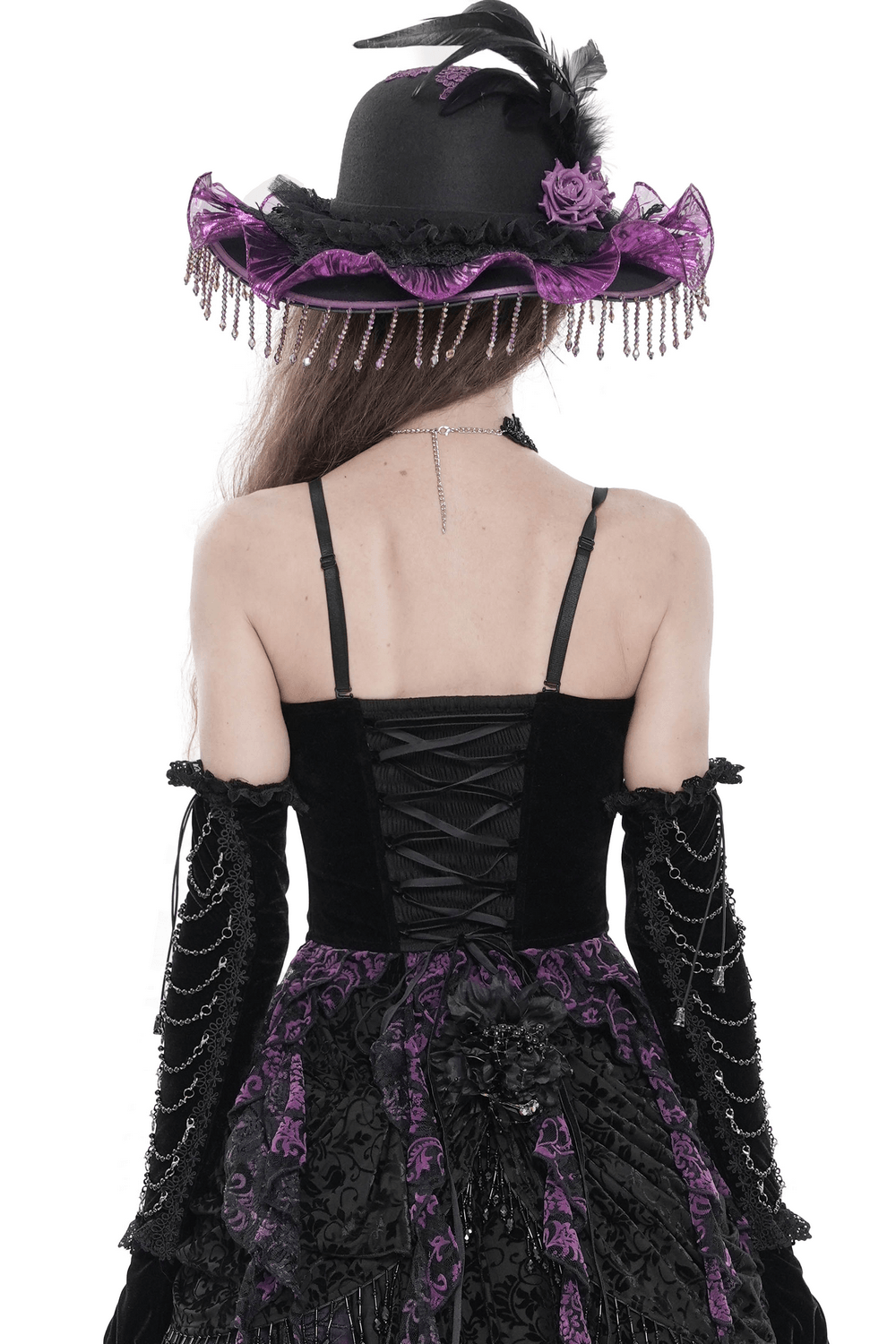 Alt Tag: Black Gothic Fringe Corset Bustier with Purple Lace back view, lace-up corset with purple trim, gothic festival outfit