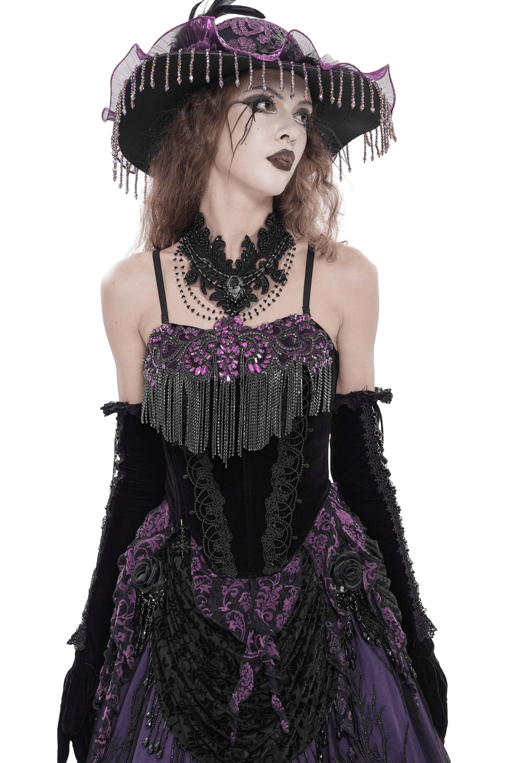 Alt Tag: Black Gothic Fringe Corset Bustier with Purple Lace on model, chain fringe trim, sheer lace panels, festival-ready dark romance