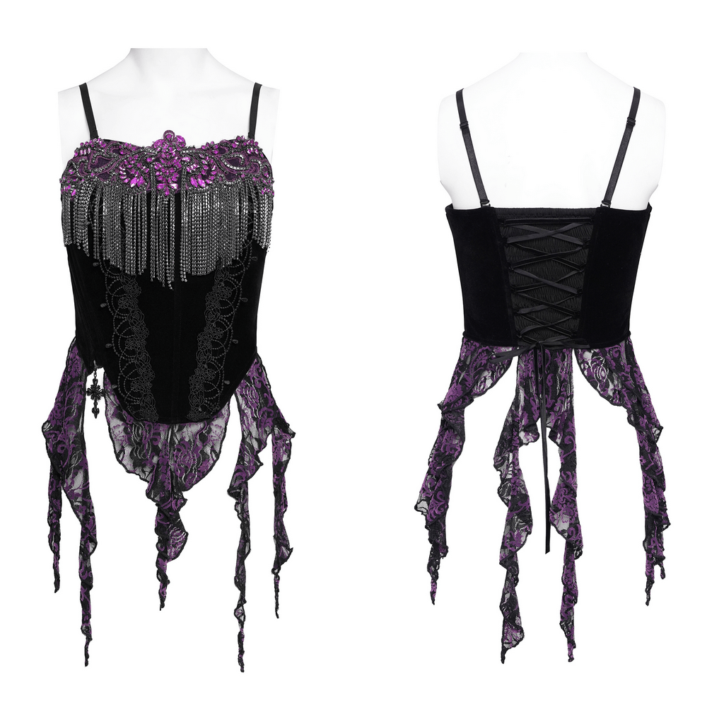 Alt Tag: Black Gothic Fringe Corset Bustier with Purple Lace, chain fringe trim, sheer lace panels, adjustable back lacing, front and back view