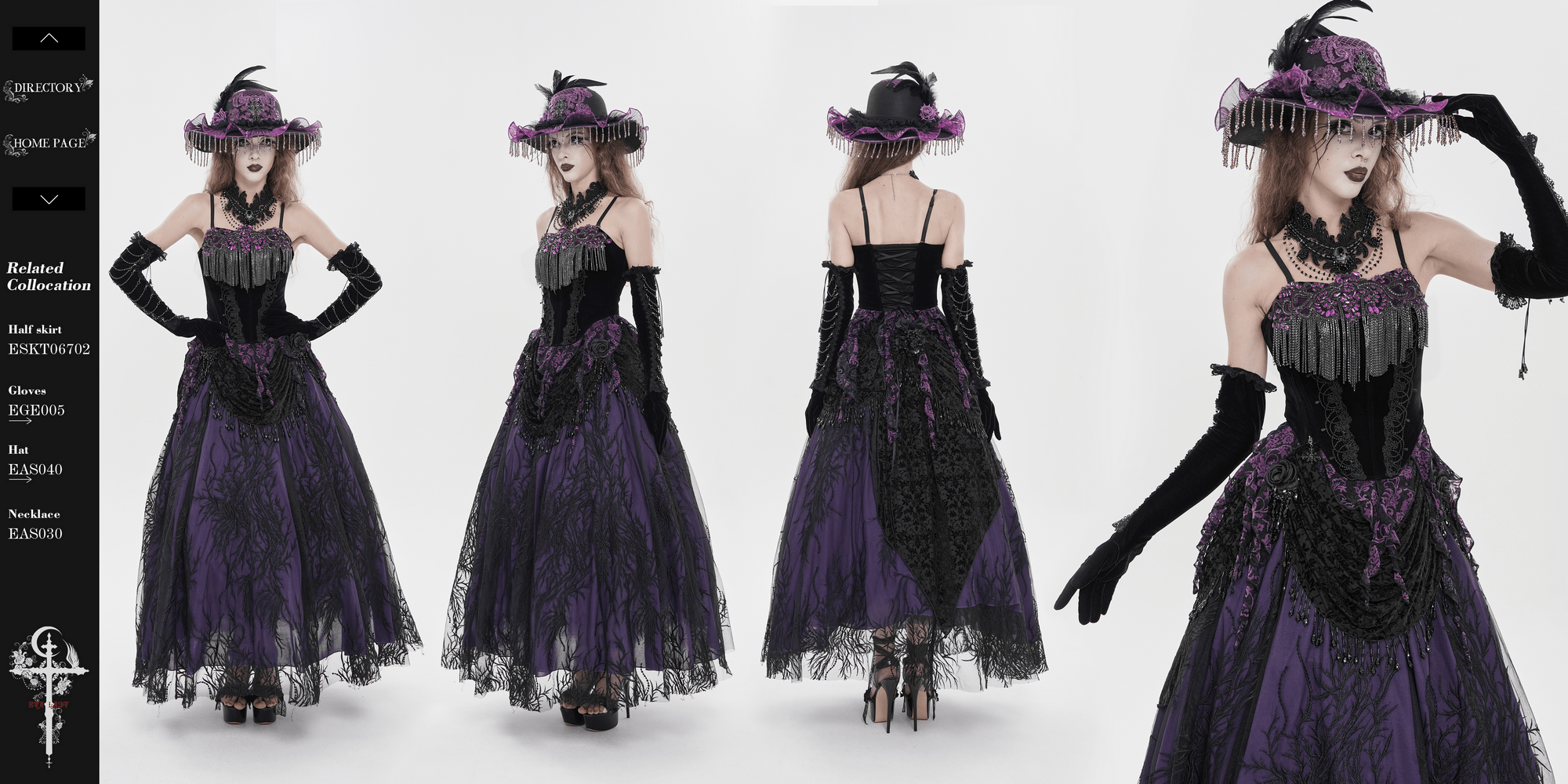 Alt Tag: Black Gothic Fringe Corset Bustier with Purple Lace in purple lace dress look, chain fringe bustier, feather hat, festival burlesque style