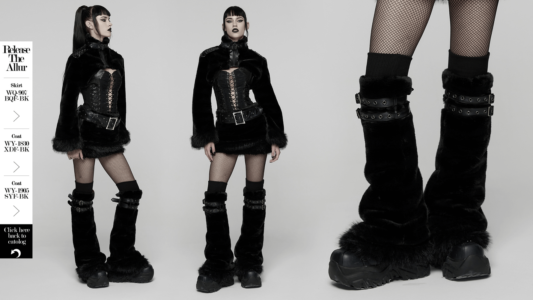 Black Gothic Fur Leg Warmers with Buckle Straps and Trim styled with punk fashion.