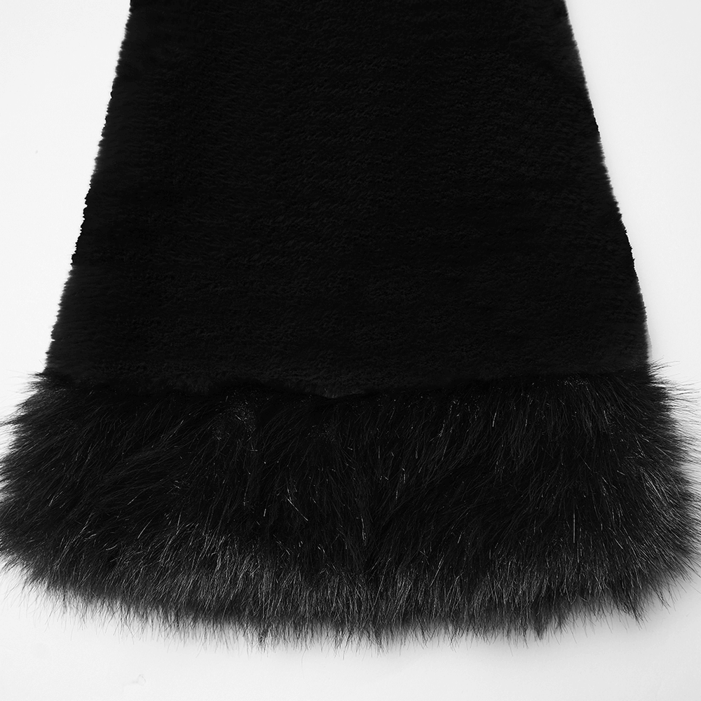 Black Gothic Fur Leg Warmers with Buckle Straps and Trim featuring plush black texture and dramatic fur hem.