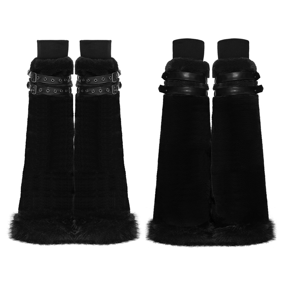 Black Gothic Fur Leg Warmers with Buckle Straps and Trim showcasing ultra-soft faux fur and stylish buckle details.