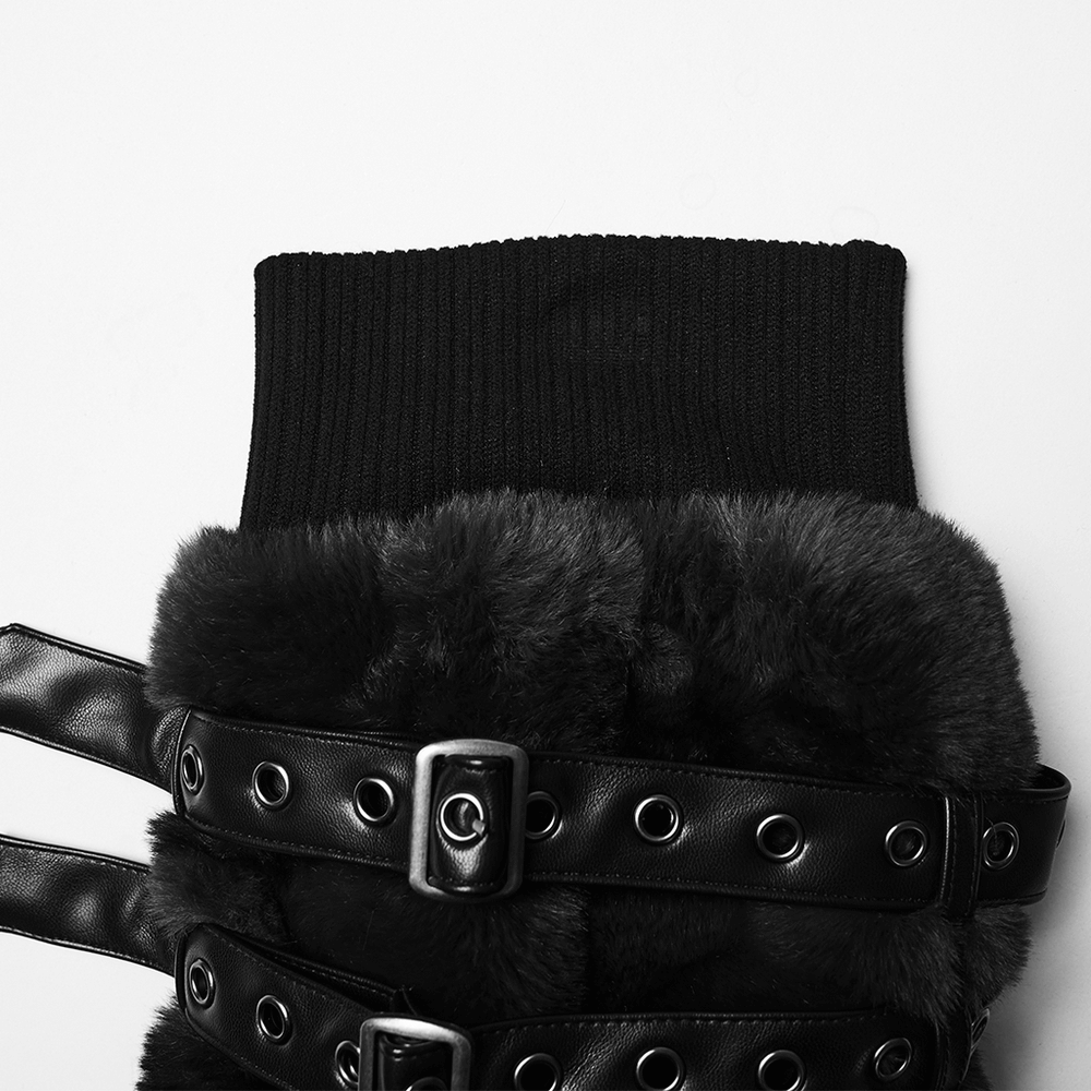 Black Gothic Fur Leg Warmers with Buckle Straps and Trim featuring soft fur and adjustable strap details.