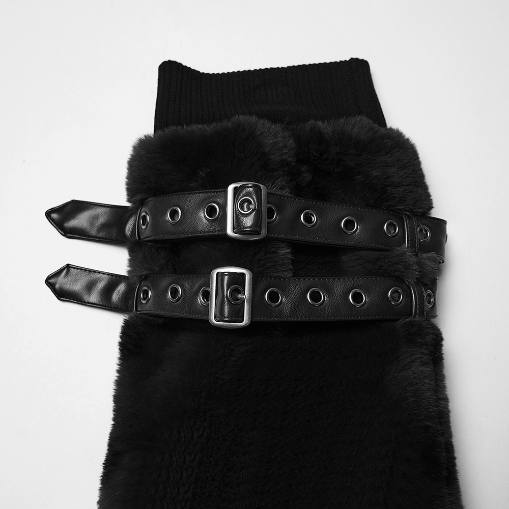 Black Gothic Fur Leg Warmers with Buckle Straps and Trim featuring faux fur and adjustable straps for a trendy winter look.