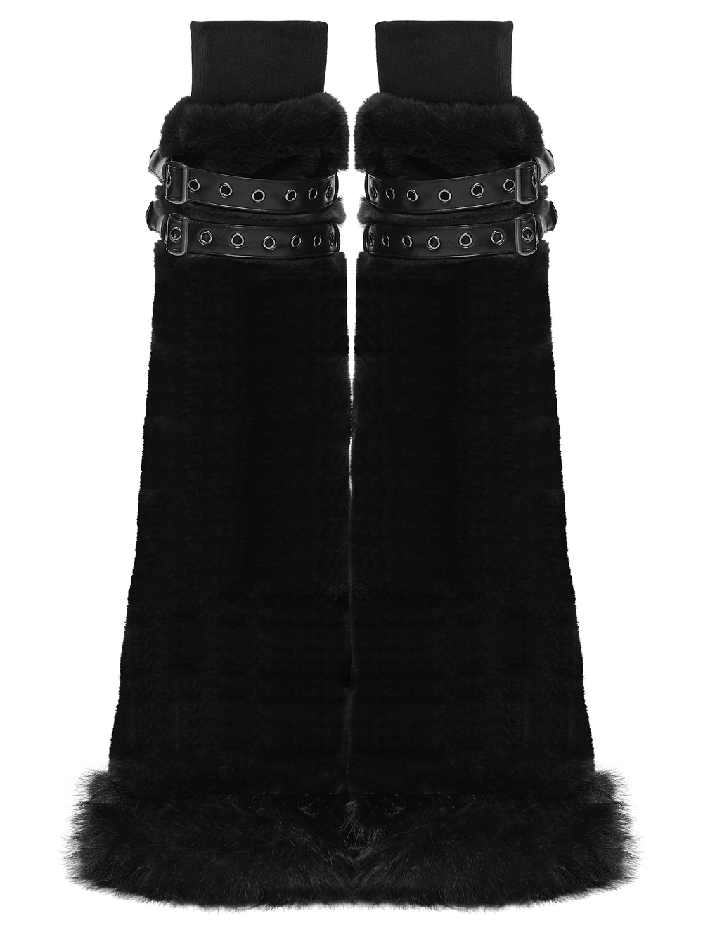 Black Gothic Fur Leg Warmers with Buckle Straps and Trim showcasing adjustable straps and plush hem trim.