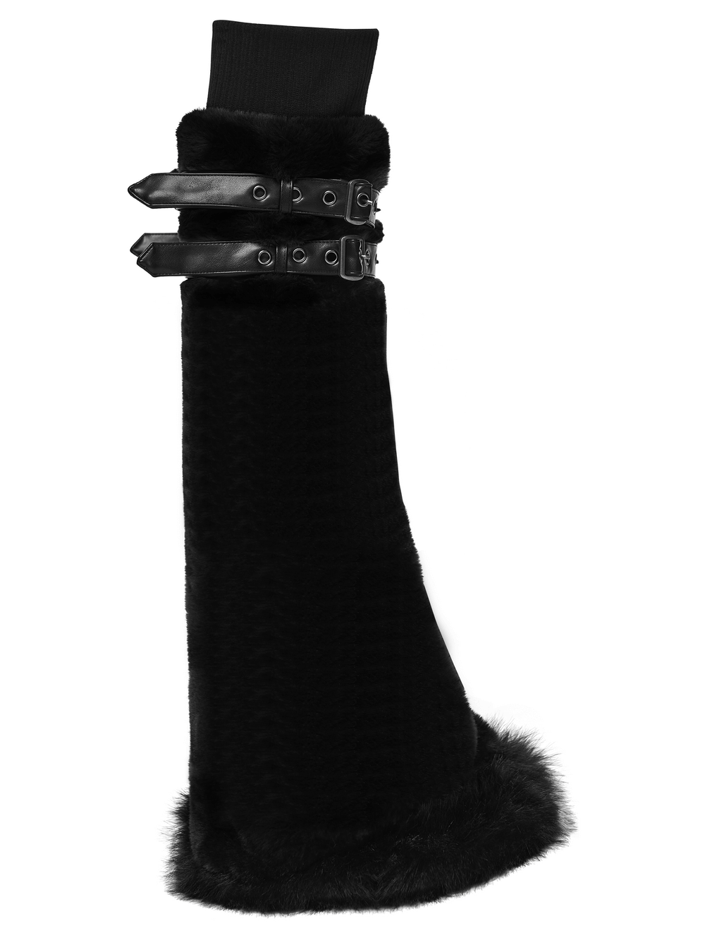 Black Gothic Fur Leg Warmers with Buckle Straps and Trim showcasing stylish eco-friendly artificial fur.