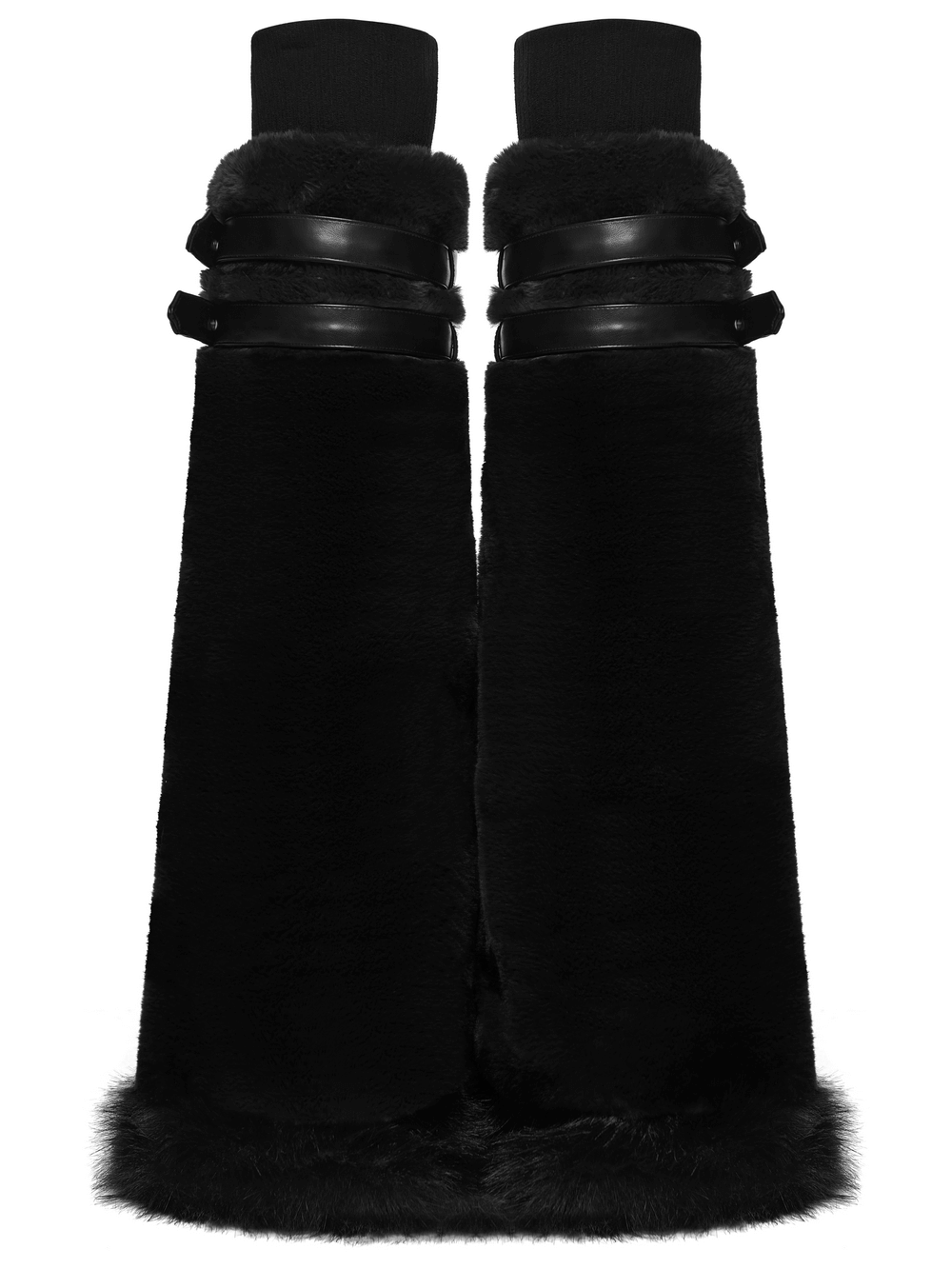 Black Gothic Fur Leg Warmers with Buckle Straps and Trim featuring eco-friendly soft fur and stylish hem trim.