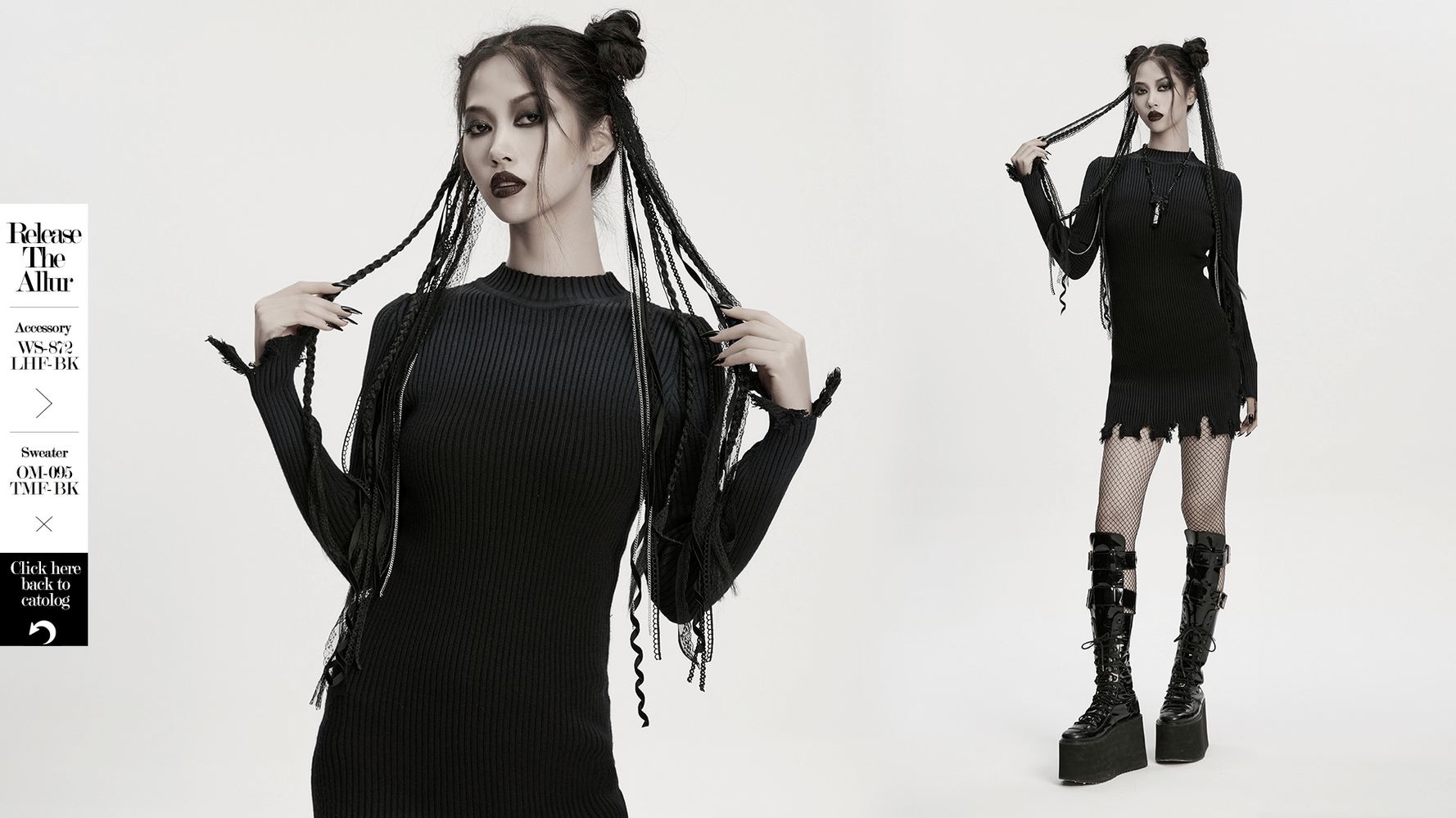 Model in a black ribbed dress showcasing gothic style with braids and chunky boots, perfect for alternative fashion.