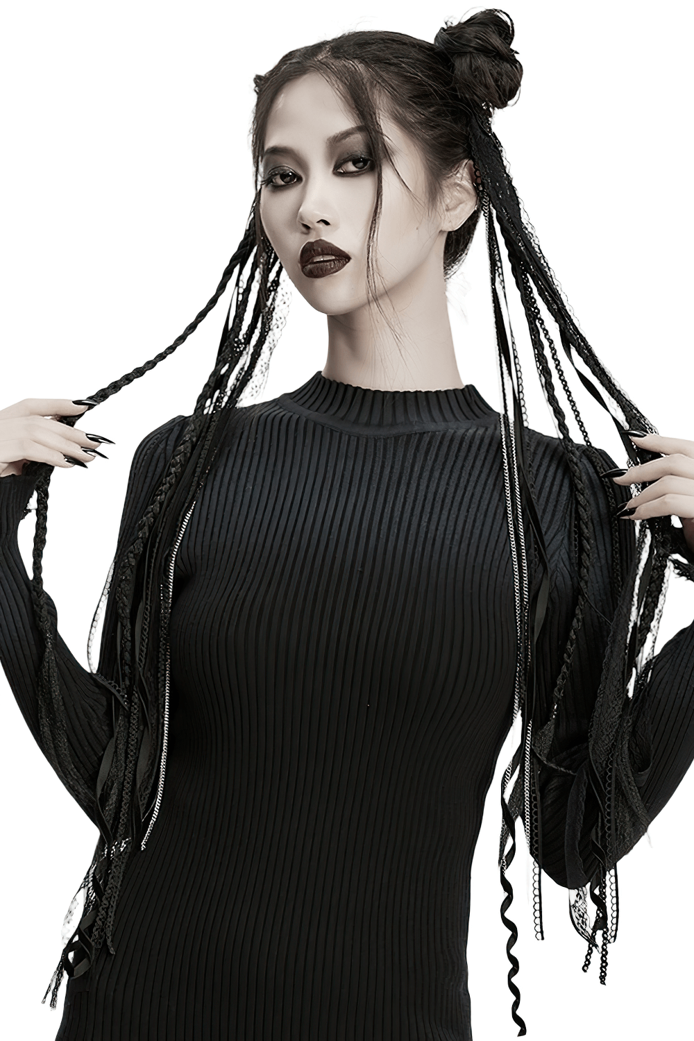 Gothic model showcasing unique hair with braided strands, perfect for alternative fashion enthusiasts.
