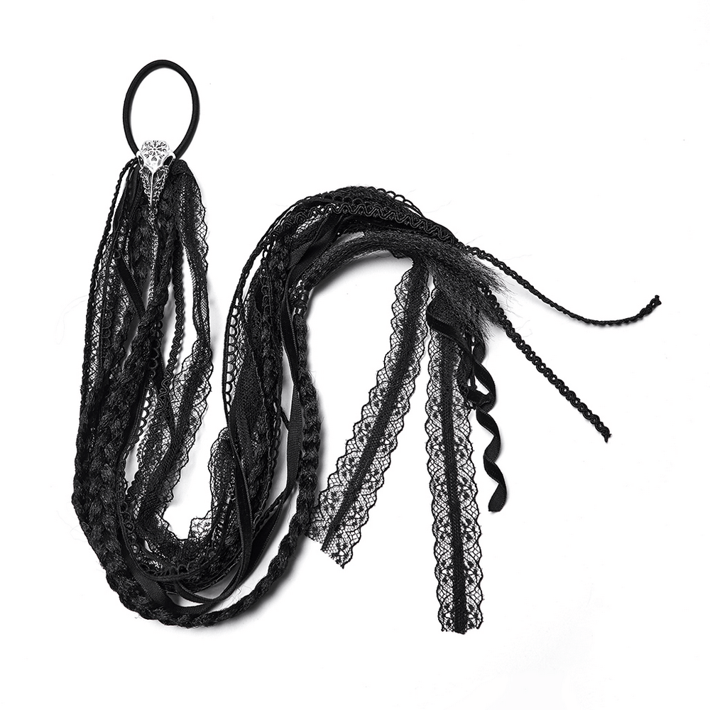 Black gothic hair tassel accessory with lace and braided strands for an edgy look.