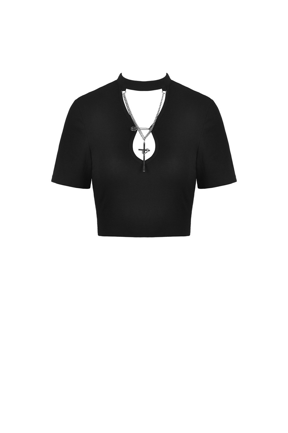 Black gothic halter crop top with chain detail for an edgy punk look, perfect for concerts and night outs.