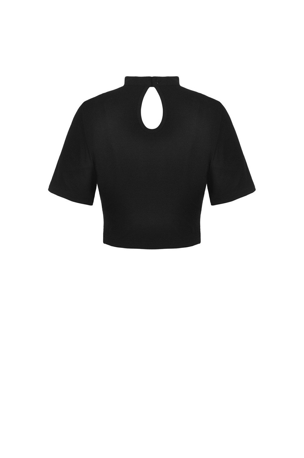 Back view of black gothic halter crop top with keyhole design and chain detail, perfect for edgy outfits.